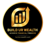 Build Ur Wealth logo featuring a gold upward arrow and bar chart symbol inside a black circle, representing trading growth and financial progress.